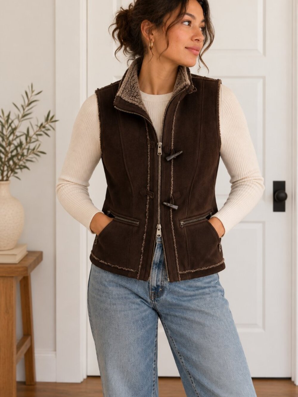 Woolrich Brown Sherpa Lined Faux Suede Vest Toggle Utility M ✨